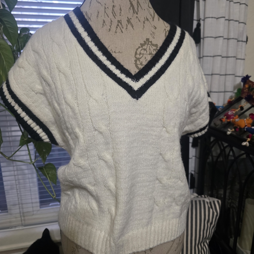 Blu Pepper V-Neck Cable Knit Sweater - Cream and Black